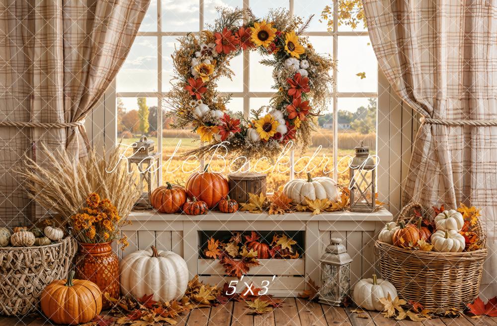 TEST Kate Fall Pumpkin Wreath Window Sunflowers Printed Backdrop Designed by Emetselch