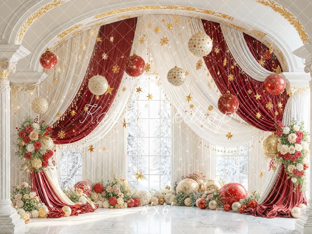 Kate Christmas Arch Red Gold Drapes Ornaments Flowers Backdrop Designed by Emetselch
