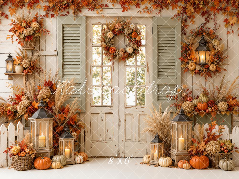 Kate Fall Floral Door Garland Pumpkins Window Shutters Lanterns Fence Printed Backdrop Designed by Emetselch