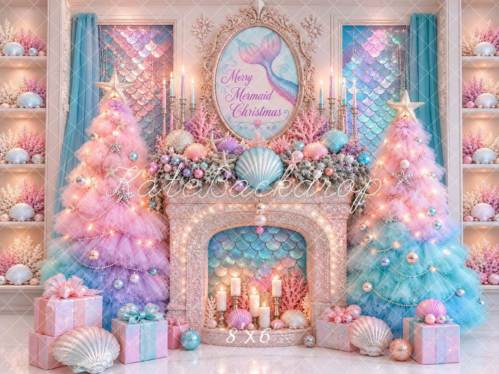 Kate Christmas Mermaid Seashell Fireplace Printed Backdrop Designed by Ashley Paul