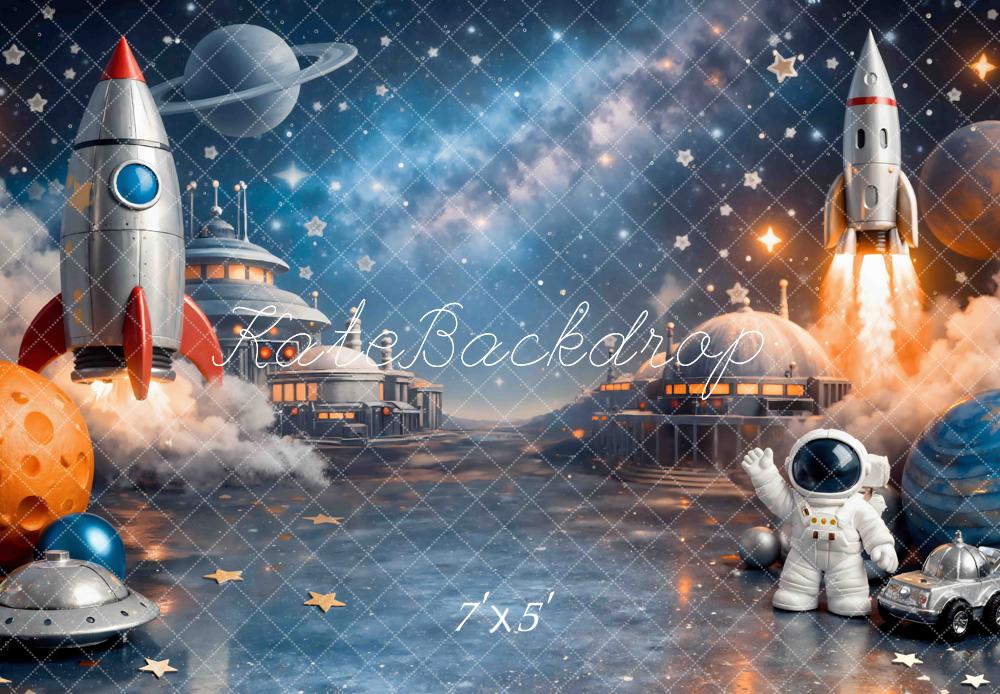 Kate Space Rocket Astronaut Planets Starry Sky Printed Backdrop Designed by Mini MakeBelieve