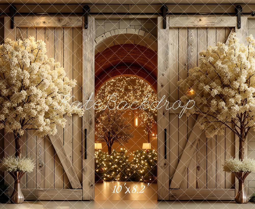 Kate Spring Flower Arch Wooden Doors Warm Lights Printed Backdrop Designed by Mini MakeBelieve