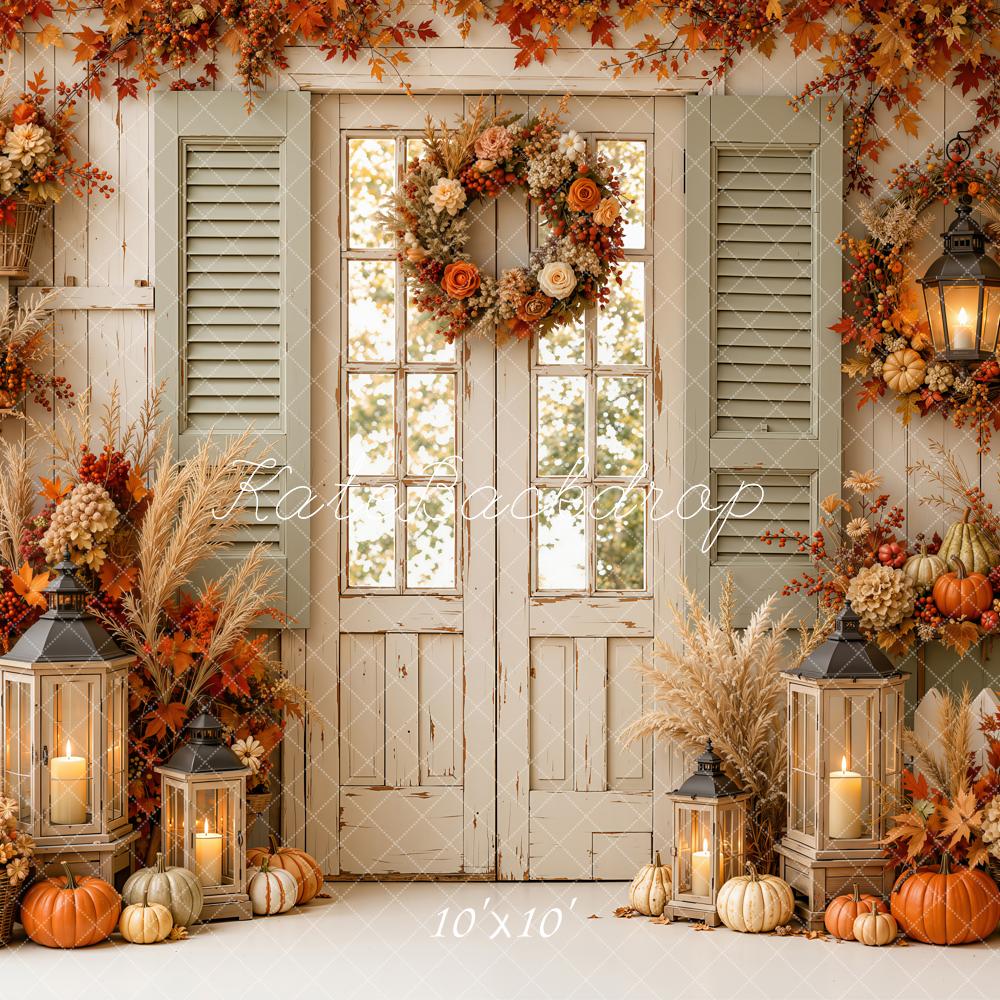 Kate Fall Floral Door Garland Pumpkins Window Shutters Lanterns Fence Printed Backdrop Designed by Emetselch