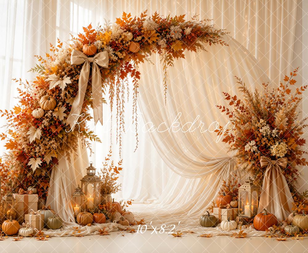 Kate Fall Circle Floral Arch Pumpkins White Drapes Lanterns Printed Backdrop Designed by Emetselch