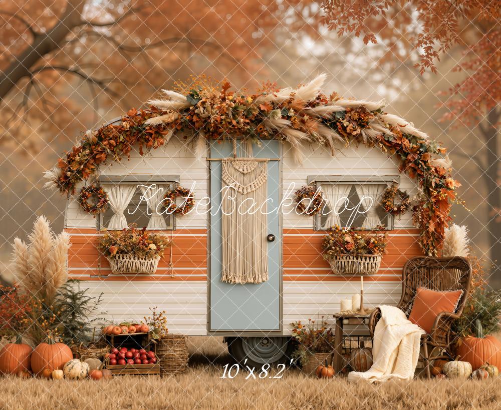 Kate Fall Boho Camper Macrame Pumpkins Pampas Grass Printed Backdrop Designed by Emetselch