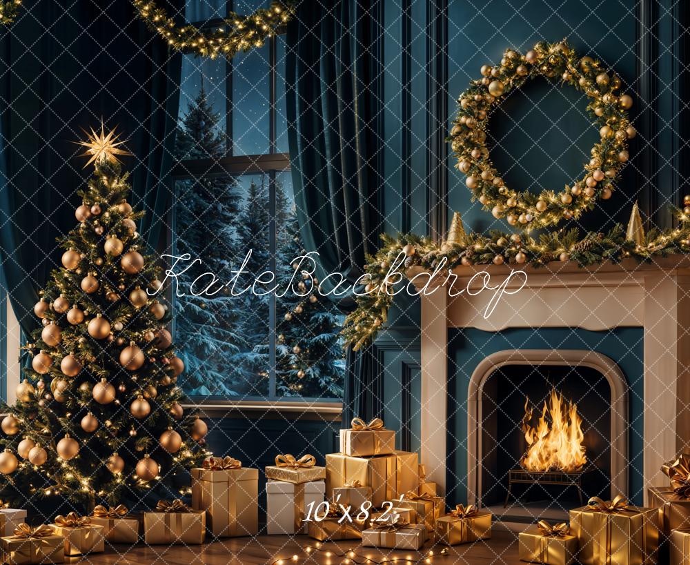 Kate Christmas Tree Night Fireplace Retro Backdrop Designed by Emetselch