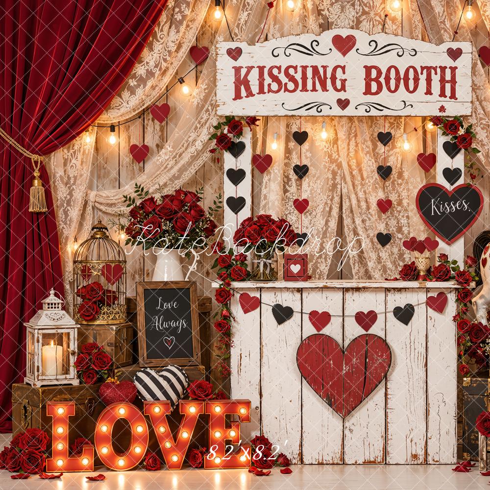 Kate Valentine's Day Kissing Booth Carousel Horse Curtains Hearts Printed Backdrop Designed by Emetselch