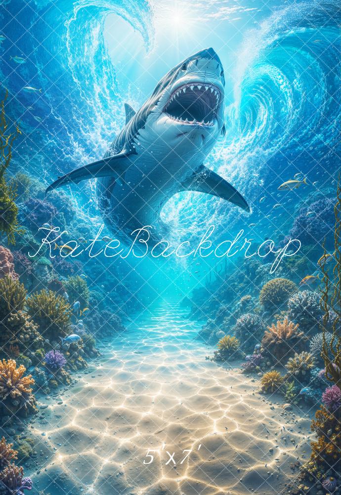 Kate Underwater Ocean Shark Coral Reef Adventure Printed Backdrop Designed by Emetselch