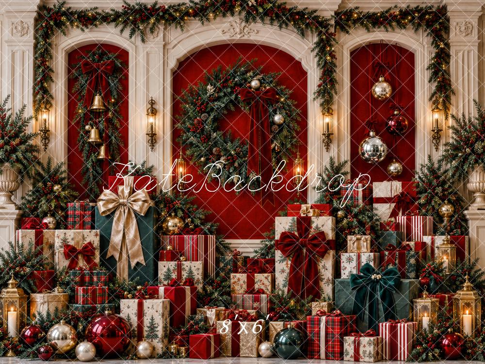 Kate Christmas Garland Wreath Gift Boxes Red Printed Backdrop Designed by Patty Roberts