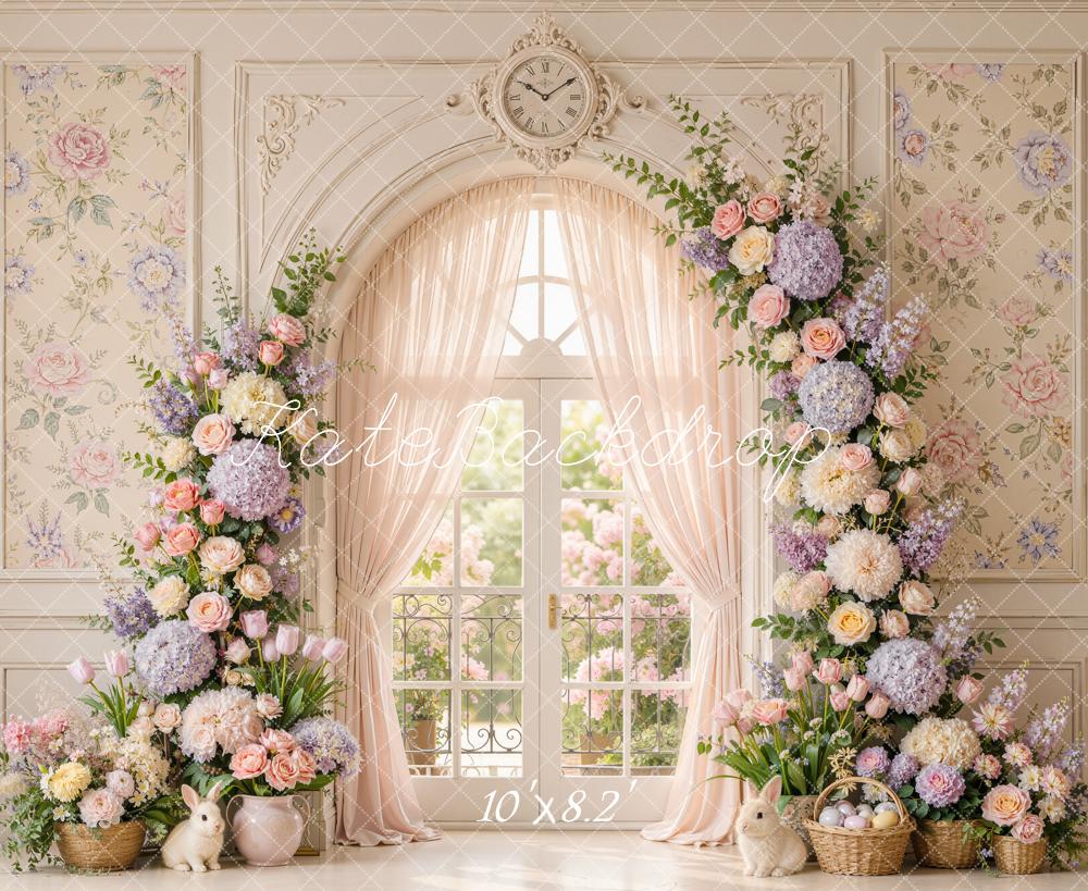 Kate Easter Spring Floral Arch Vintage Window Clock Bunny Printed Backdrop Designed by Emetselch