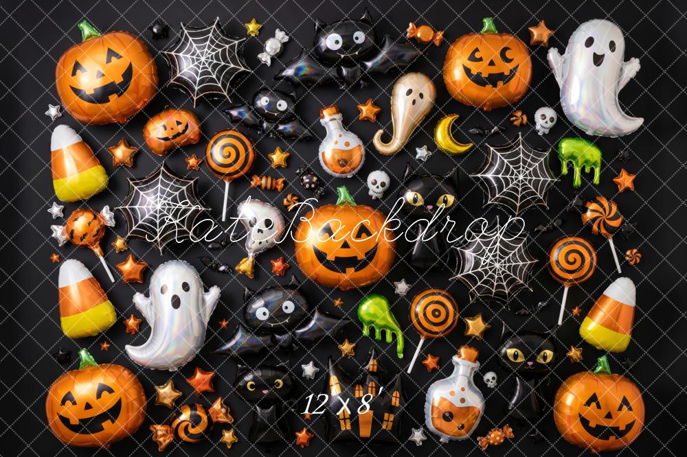 Kate Halloween Balloons Pumpkins Ghosts Candy Spiderwebs Printed Backdrop Designed by Patty Roberts