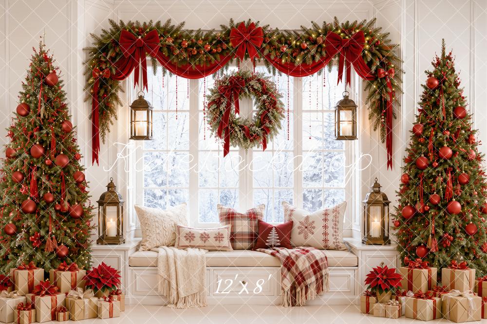 Kate Christmas Trees Window Garland Wreath Cozy Pillow Printed Backdrop Designed by Emetselch