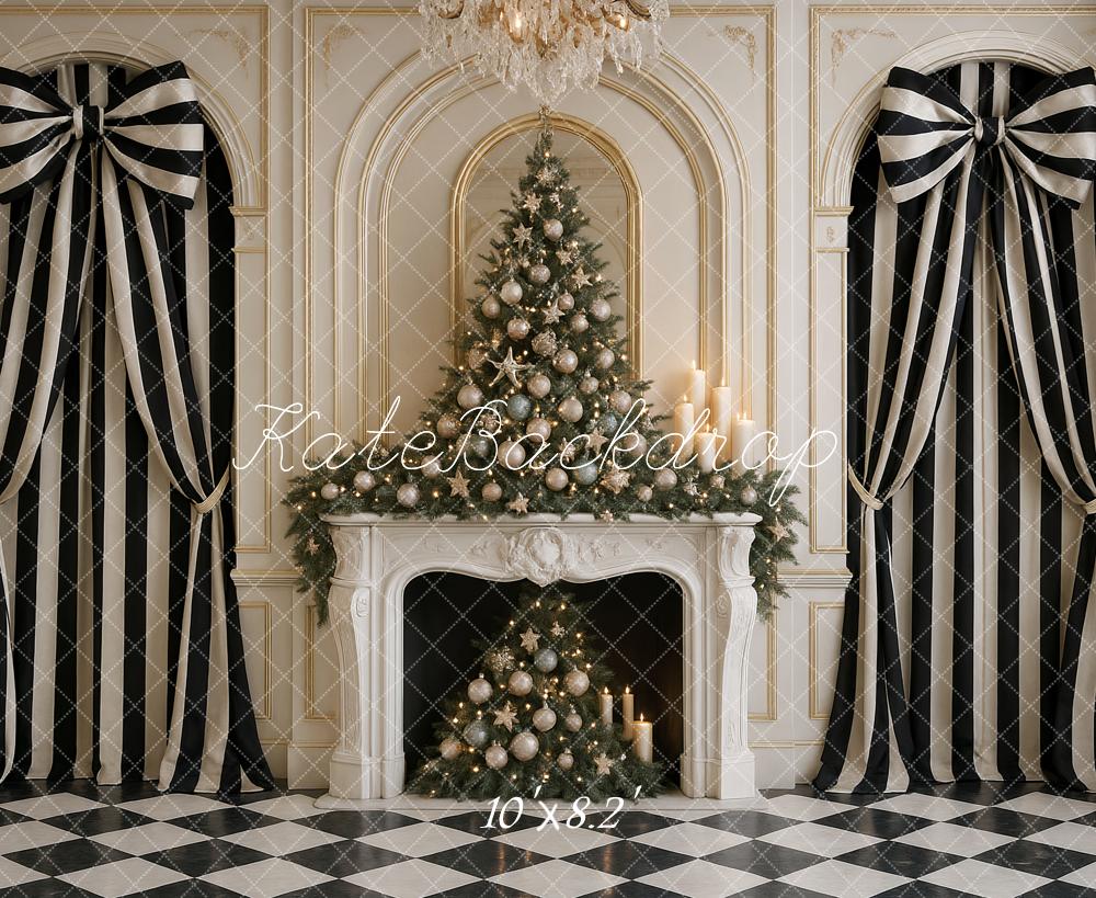 Kate Christmas Chic Black White Striped Bow Curtains Fireplace Backdrop Designed by Ashley Paul