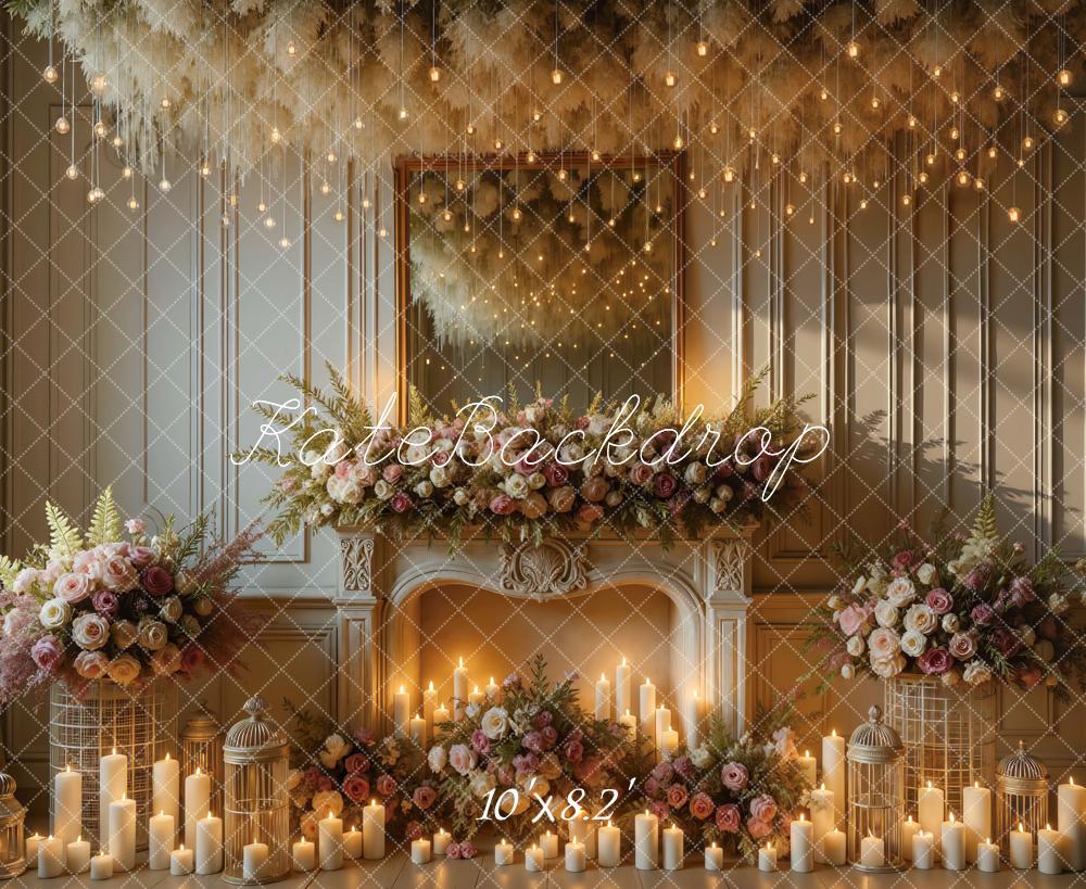 Kate Floral Fireplace Candles Mirror Hanging Lights Printed Backdrop Designed by Mini MakeBelieve