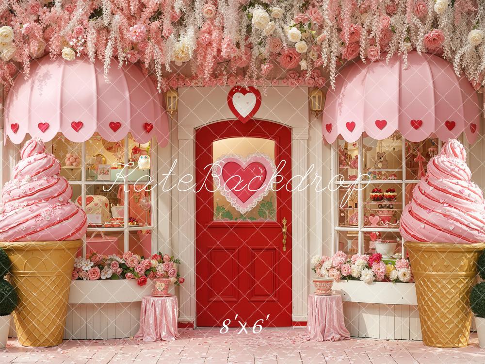 Kate Valentine's Day Pink Ice Cream Parlor Heart Door Flower Garland Backdrop Designed by Chain Photography