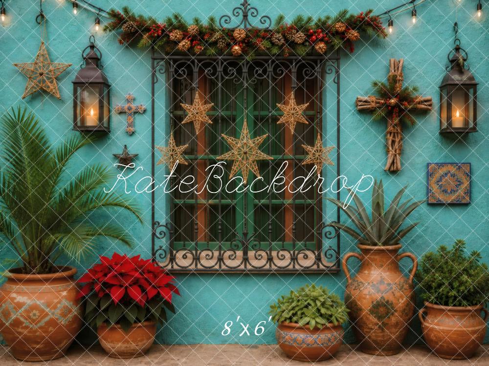 Kate Mexican Christmas Turquoise Window Lanterns Greenery Printed Backdrop Designed by Vertigo Productions