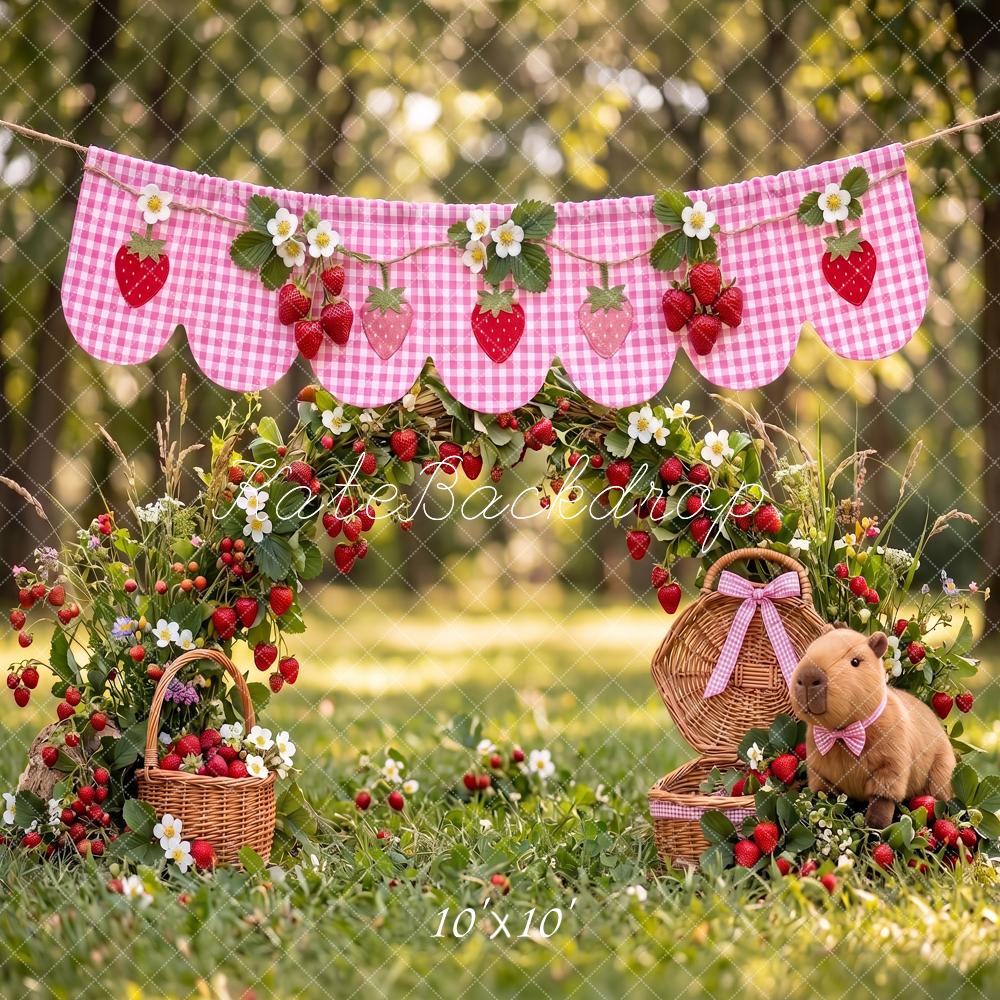 Kate Cake Smash Capybara Strawberry Picnic Teddy Bear Garden Printed Backdrop Designed by Angela Miller