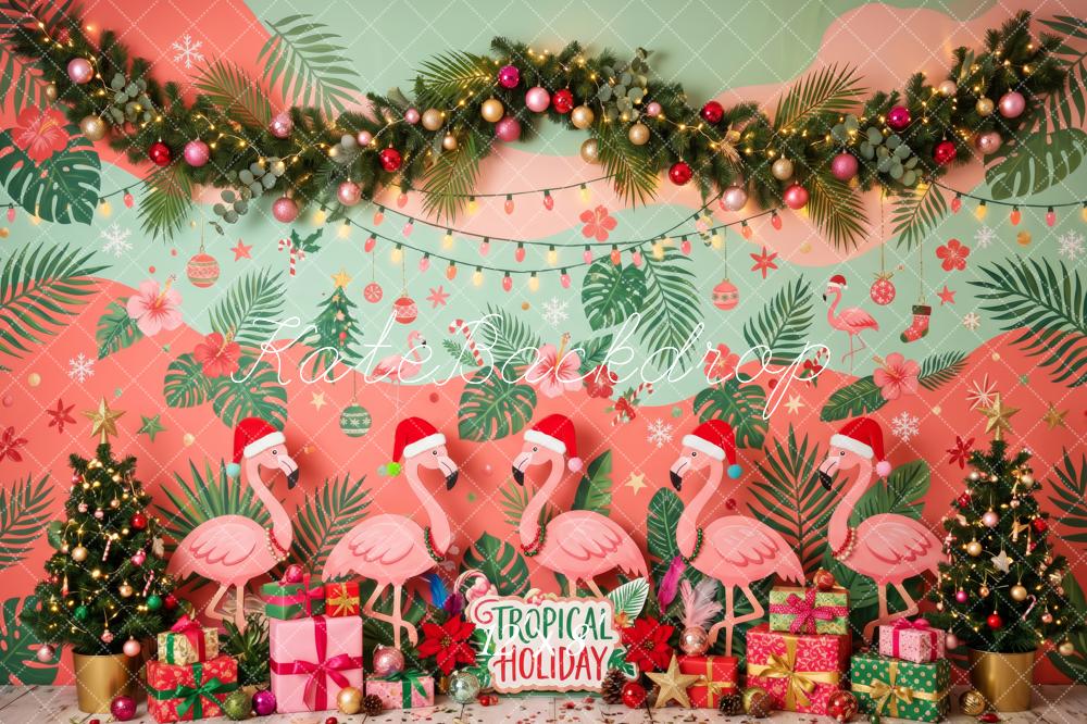 Kate Christmas Tropical Flamingo Garland Gift Boxes Printed Backdrop Designed by Patty Roberts