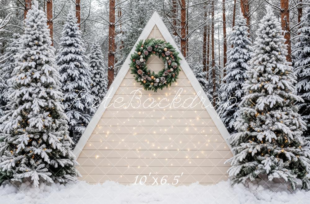 Kate Christmas Snowy Cabin Pine Trees Wreath Backdrop Designed by Patty Roberts
