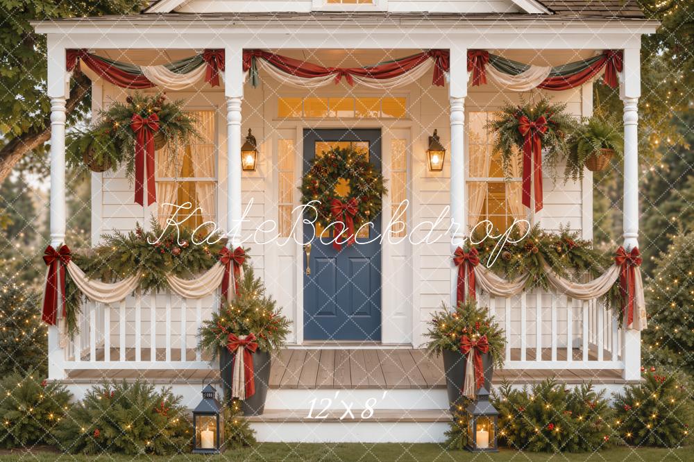 Kate Christmas Porch Garland Wreath Lantern Red Bows Printed Backdrop Designed by Emetselch