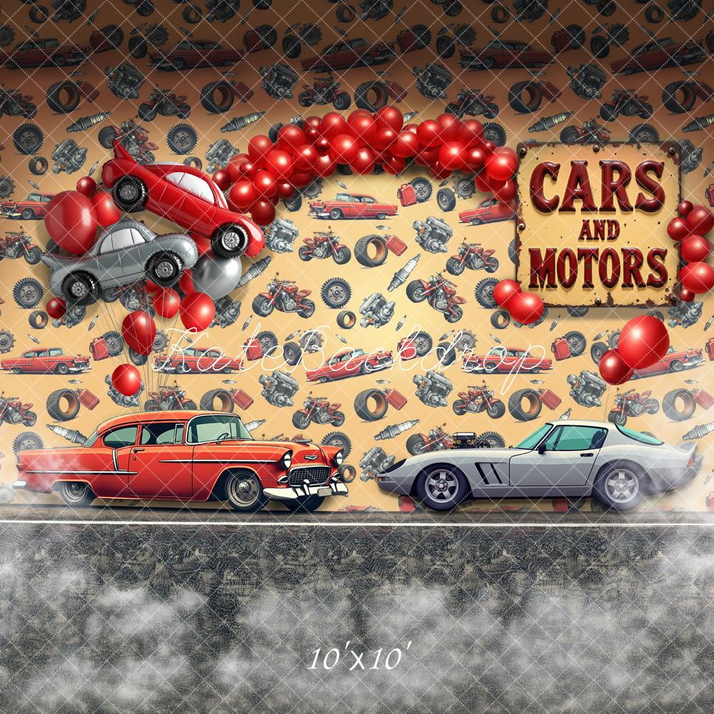 Kate Birthday Red Balloons Motors Vintage Car Motorcycle Printed Backdrop Designed by Laura Bybee