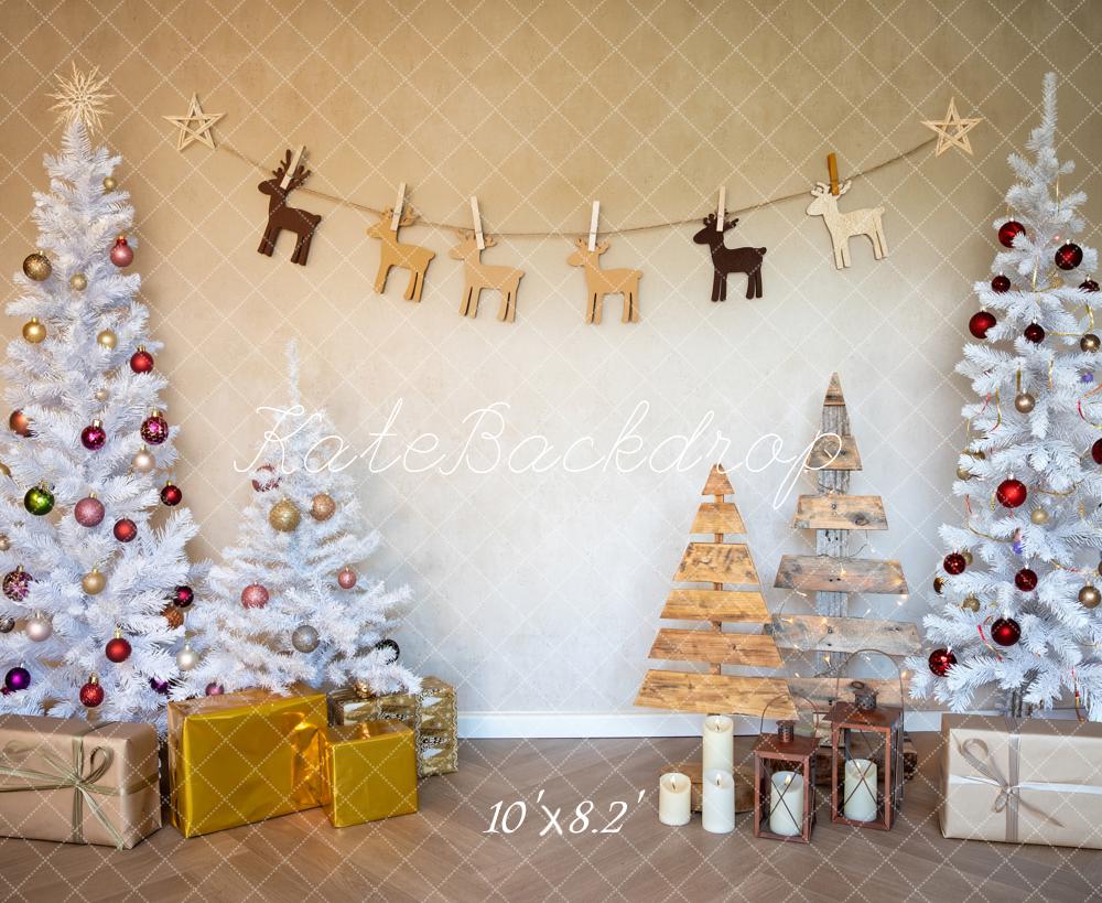 Kate Christmas White Trees Wood Reindeer Garland Gold Presents Printed Backdrop Designed by Fantasyphotoart