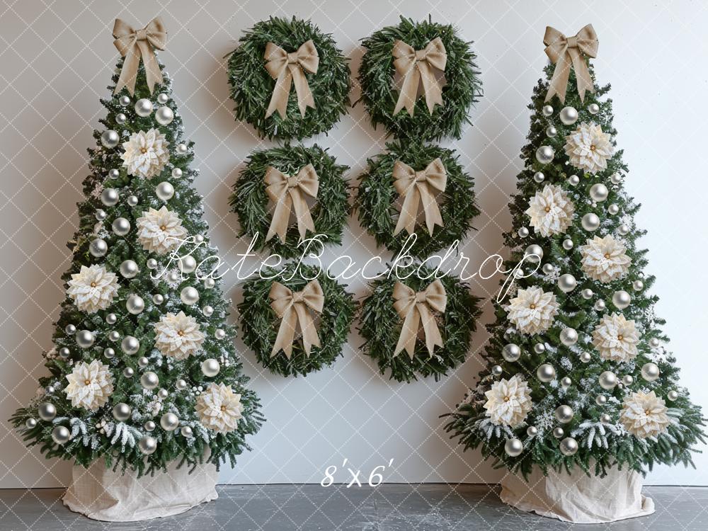Kate Christmas Trees Wreaths Bow White Backdrop Designed by Mini MakeBelieve