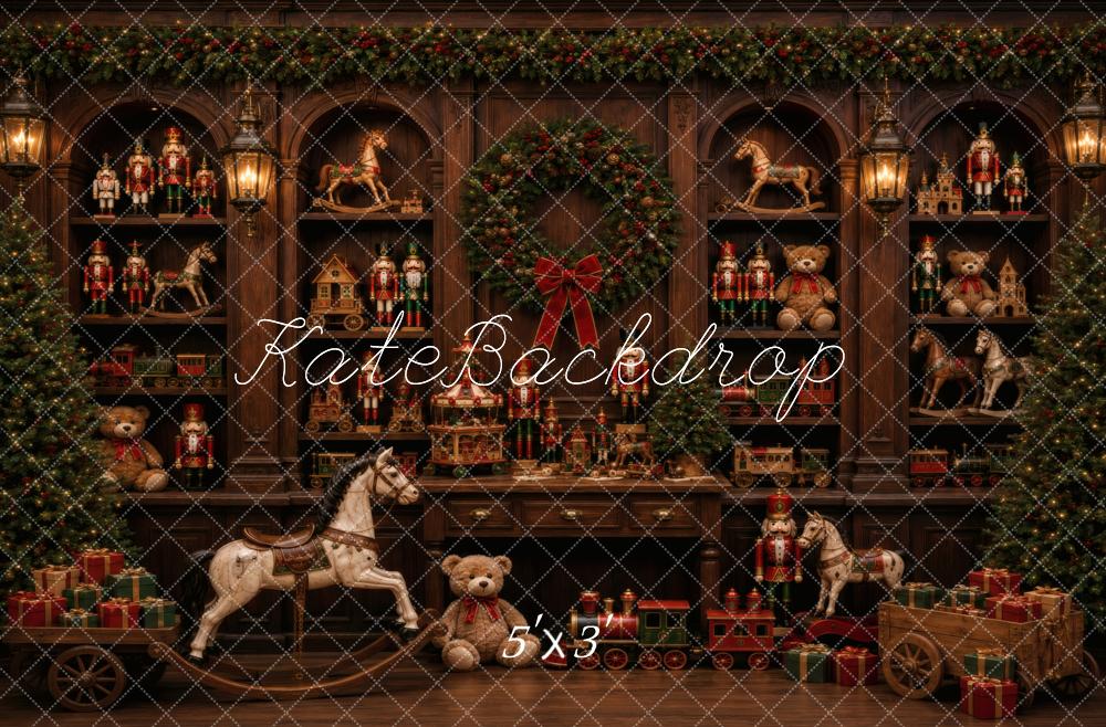 Kate Christmas Toy Shop Nutcracker Rocking Horse Wreath Printed Backdrop Designed by Vertigo Productions