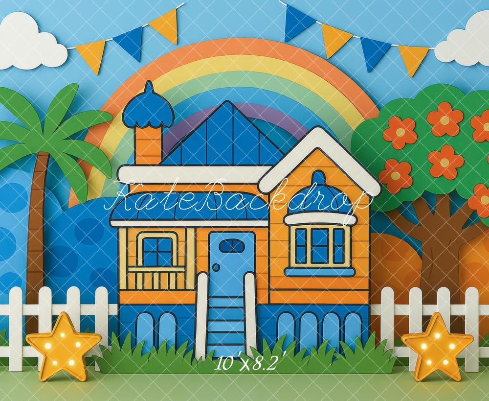 Kate Cake Smash Rainbow House Cartoon Fence Backdrop Designed by Mini MakeBelieve