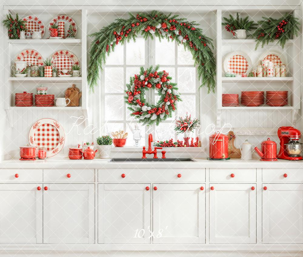 Kate Christmas Kitchen Red Plaid Dishes Garland Wreath Window Backdrop Designed by Emetselch