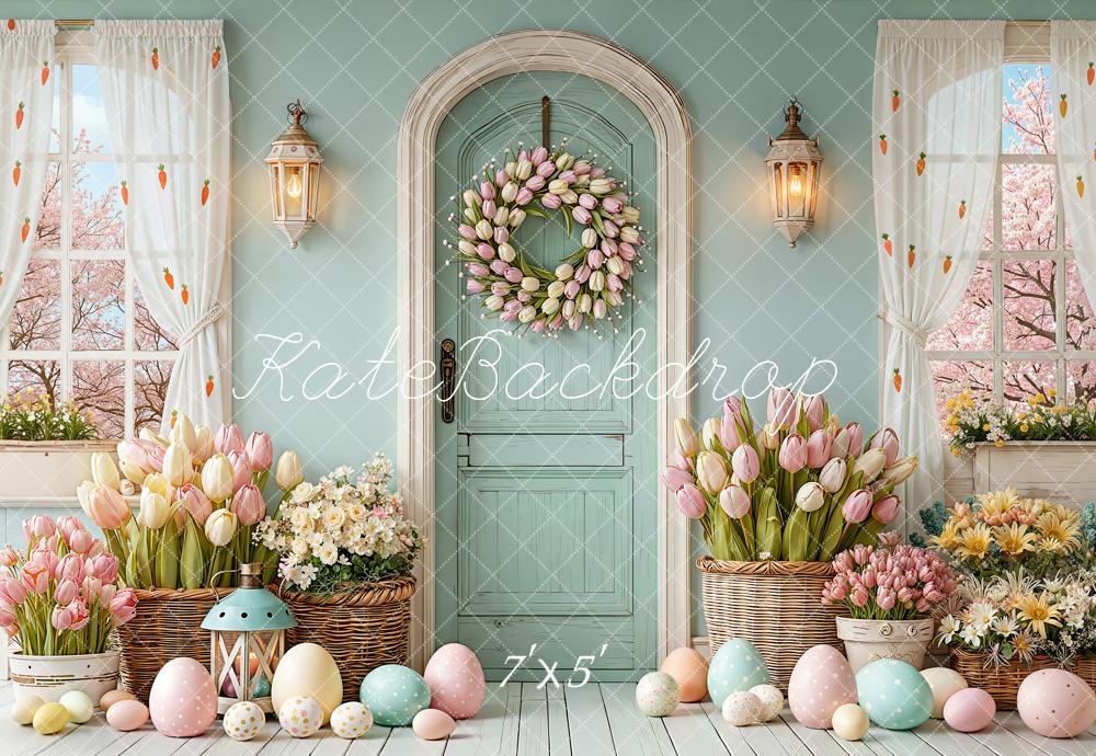 Kate Easter Bunny Pastel Eggs Tulip Wreath Door Backdrop Designed by Emetselch