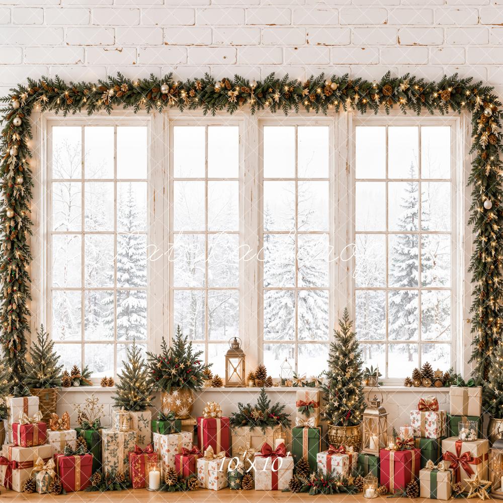 Kate Christmas Window Garland Gifts Snowy White Printed Backdrop Designed by Emetselch