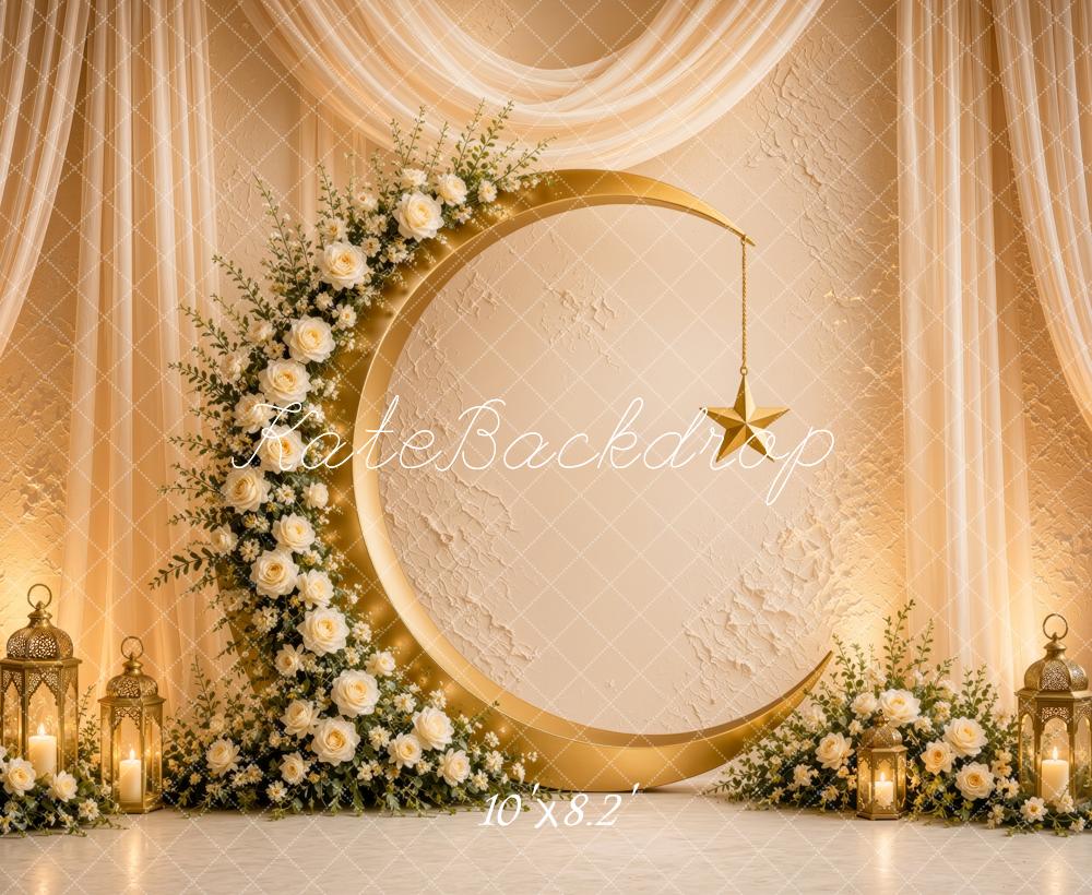 Kate Ramadan Muslim Gold Crescent Floral Arch Drapes Lanterns Printed Backdrop Designed by Ashley Ward