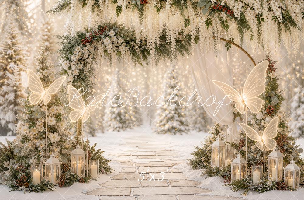 Kate Christmas Winter Floral Arch Dreamy Butterflies Lanterns Printed Backdrop Designed by Emetselch