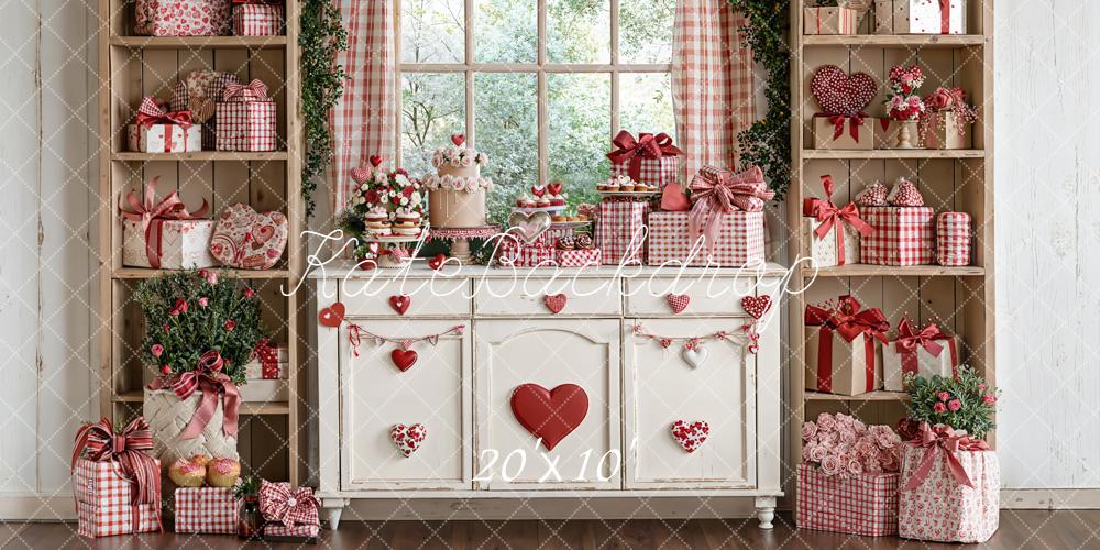 Kate Valentines Cabinet Gifts Roses Garland Window Red Heart Backdrop Designed by Emetselch