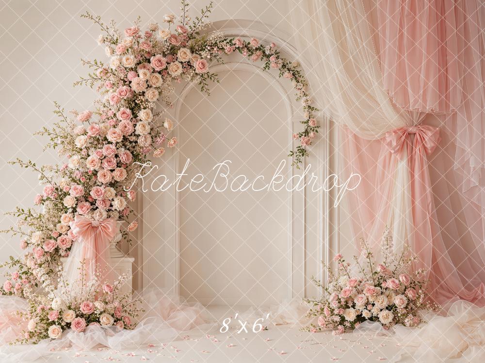 Kate Romantic Wedding Flower Arch Pink Sheer Drapery Printed Backdrop Designed by Emetselch
