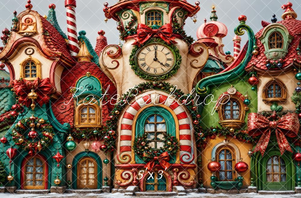 Kate Christmas Whimsical Candy House Clocktower Printed Backdrop Designed by Vertigo Productions