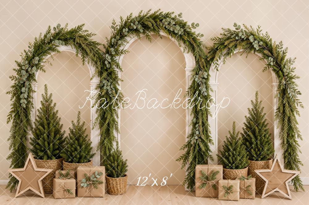 Kate Christmas Greenery Arches Gift Boxes Beige Printed Backdrop Designed by Emetselch