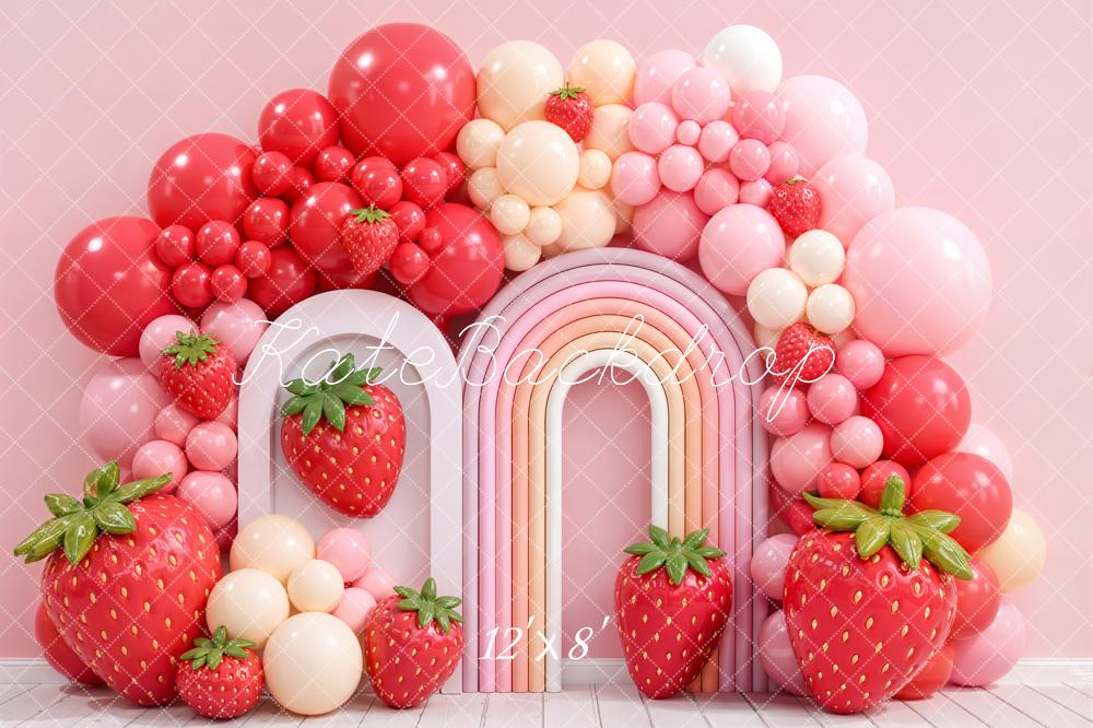Kate Cake Smash Birthday Strawberry Balloon Arch Pink Rainbow Printed Backdrop Designed by Emetselch