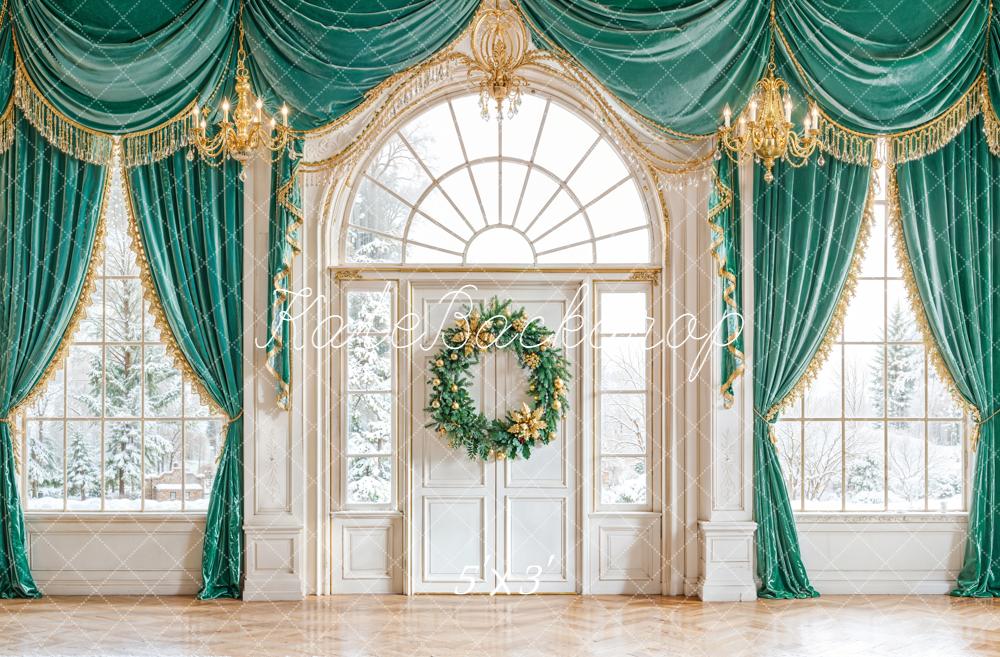 Kate Christmas Vintage Green Curtains Chandelier Wreath Backdrop Designed by Emetselch