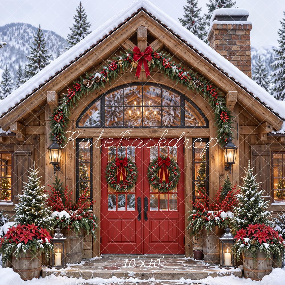 Kate Christmas Snowy Mountain Cabin Wreaths Woodland Printed Backdrop Designed by Emetselch