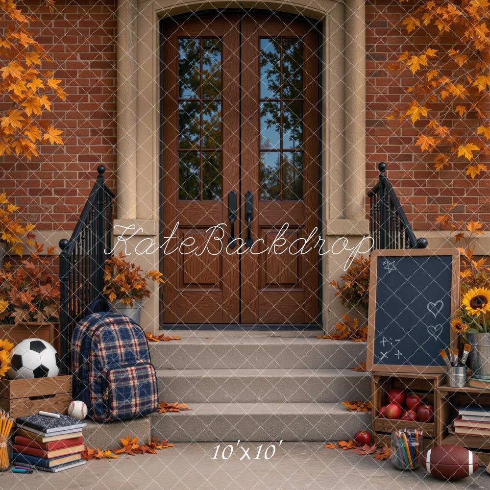 Kate Back To School Fall Brick Entrance Backpack Chalkboard Sunflowers Printed Backdrop Designed by Mini MakeBelieve