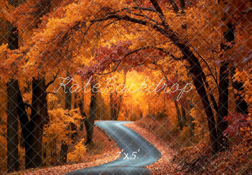 Kate Fall Forest Winding Road Orange Leaves Printed Backdrop Designed by Mini MakeBelieve