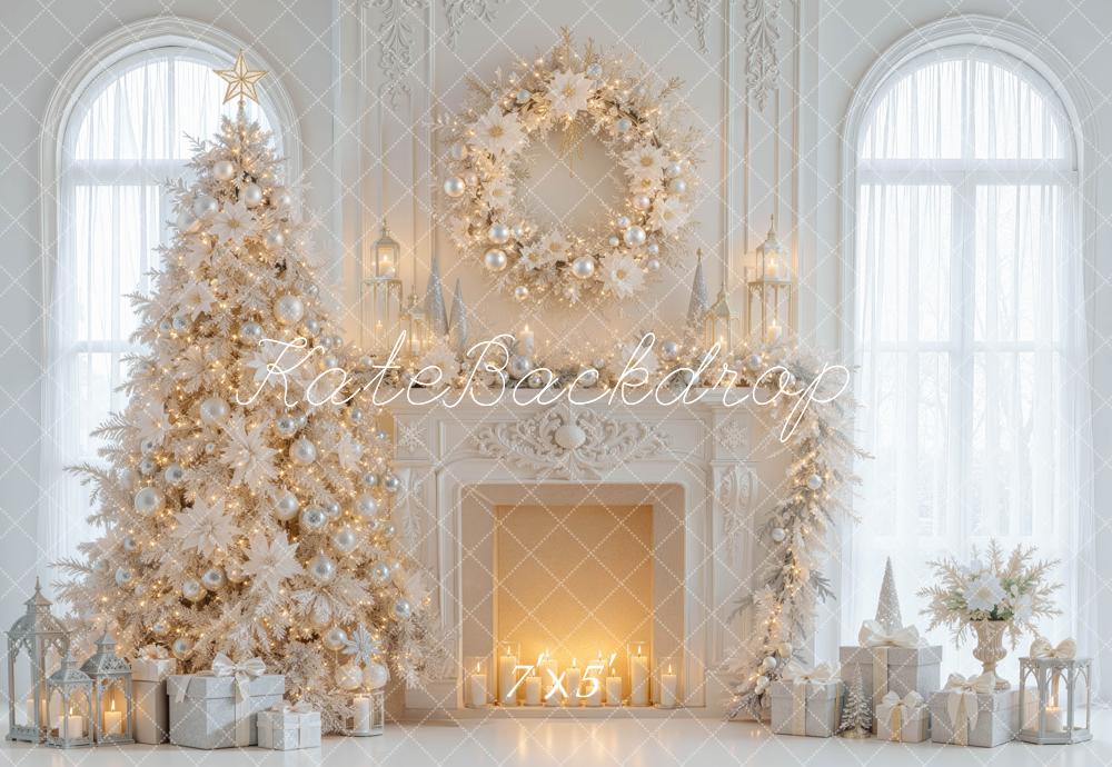 Kate Christmas Tree White Elegant Wreath Fireplace Printed Backdrop Designed by Mini MakeBelieve
