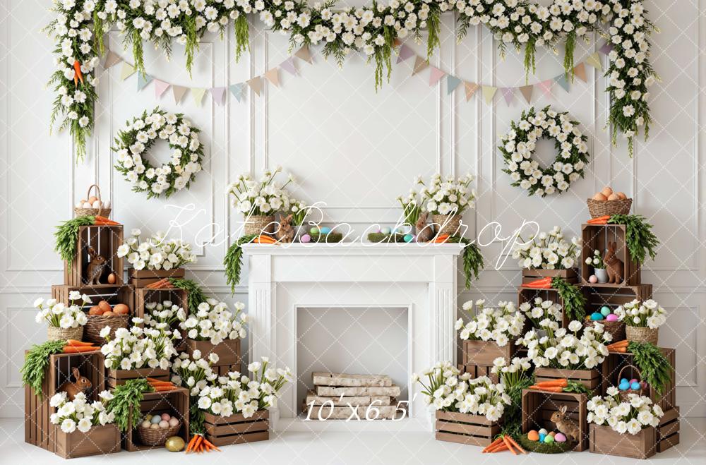 Kate Easter Bunny White Floral Fireplace Crates Printed Backdrop Designed by Mini MakeBelieve