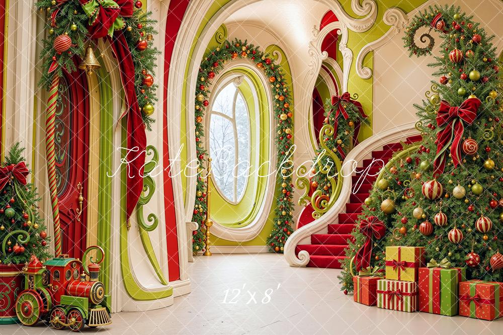 Kate Christmas Cascading Stairs Elf Hallway Tree Printed Backdrop Designed by Shutter Swan Studios