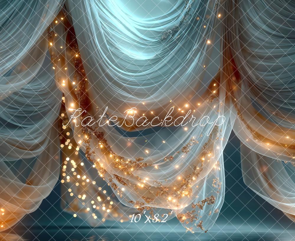 Kate Blue Sheer Drapes with String Lights Printed Backdrop Designed by Mini MakeBelieve