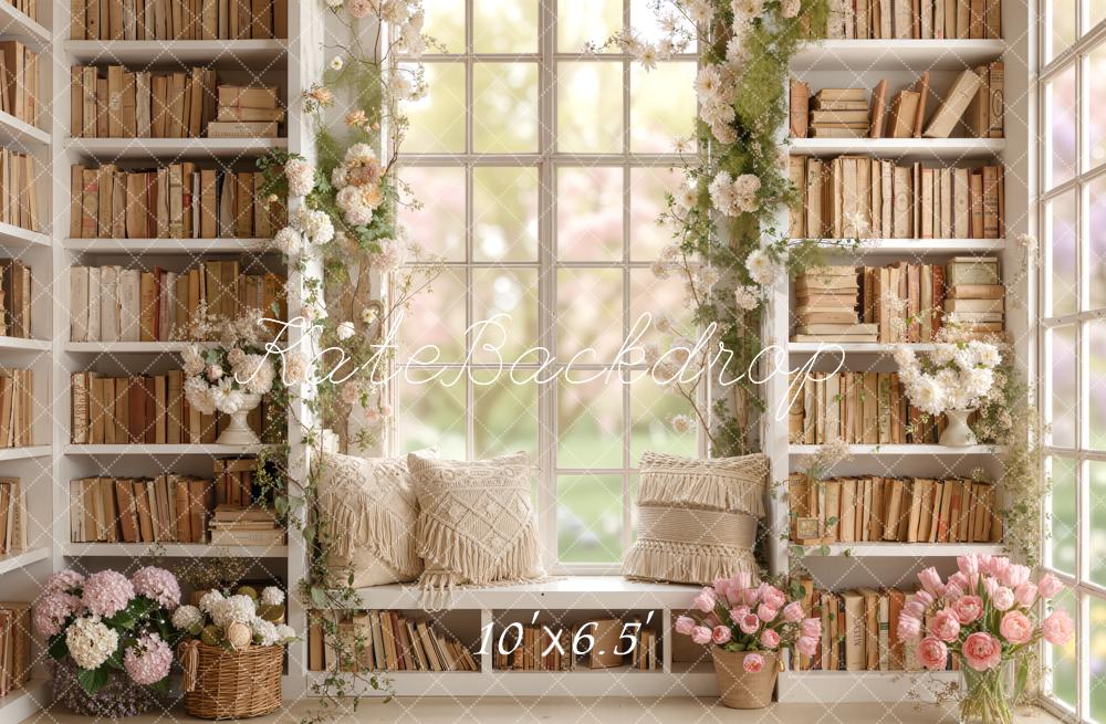 Kate Spring Bookshelf Window Seat Flowers Pillows Backdrop Designed by Emetselch