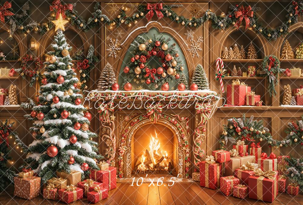 Kate Christmas Fireplace Gingerbread Tree Garland Presents Backdrop Designed by Emetselch