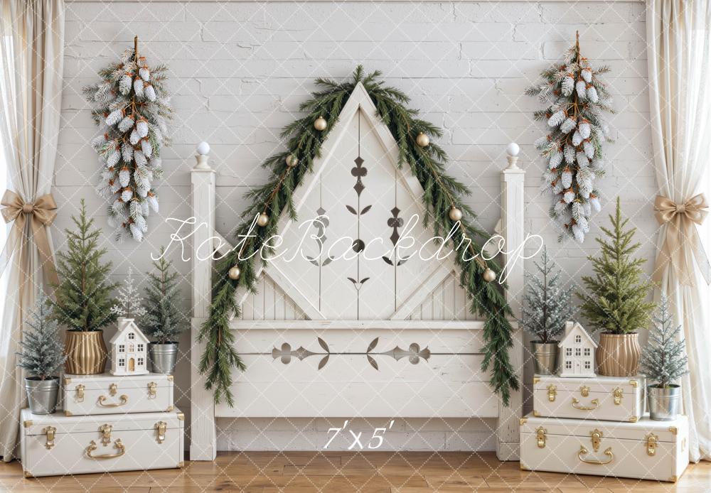Kate Christmas Triangle Headboard Garland Frosted Trees Rustic White Printed Backdrop Designed by Mini MakeBelieve